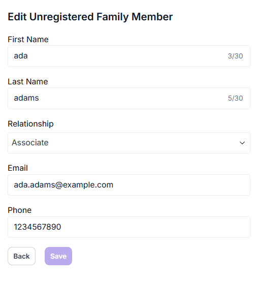 Edit Unregistered Family Member